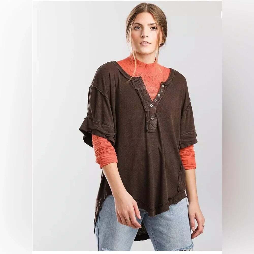 Free People We The Free Heritage Henley Top XS Short Sleeve Slouchy Cocoa Brown